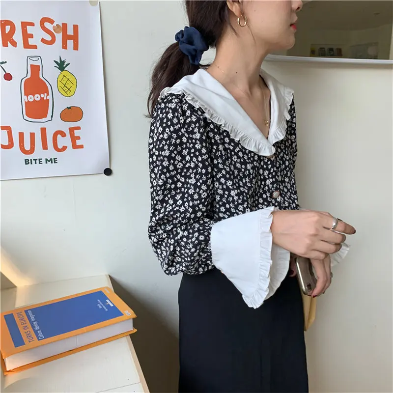 

Romance Print-Floral 2021 Ruffles Vintage Plus Feminine Elegant Chic Loose Casual Fashion Sweet All-Match Shirts