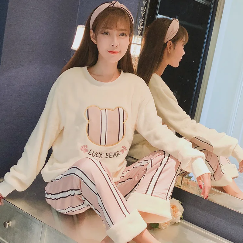 Autumn Winter Women Pyjamas Sets Pajamas Sleepwear Suit Thick Warm Coral Flannel Nightgown Female Cartoon Pijama Mujer | Женская одежда