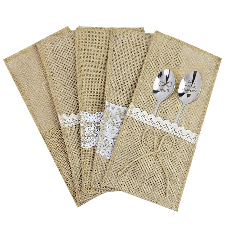 

5pcs/lot Burlap Lace Cutlery Pouch Rustic Wedding Tableware Knife Fork Holder Bag Hessian Jute Table Decoration for Home Party