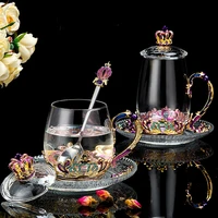 new enamel crystal glass cup heat resistant flower tea mug with spoon home teaware breakfast coffee cup set gift
