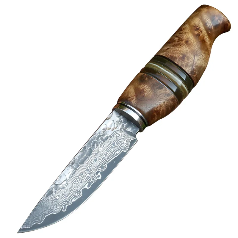 

Dropship Tactical Camping Shadow Wood Handle Fat legs Damascus Steel Fixed Blade Knife Hunting Knife With Leather Holster