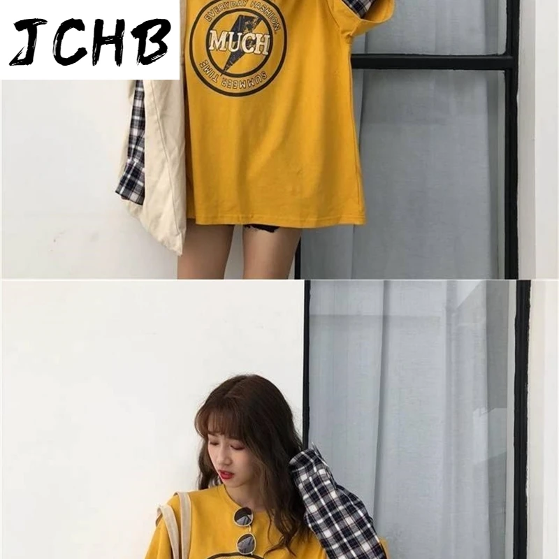 

2021 Kawaii Spring Harajuku Tshirt Clothes Women's Loose-fit Plaid Sleeve Mock Two-piece Tops Versatile Long-sleeved T-shirt Fas