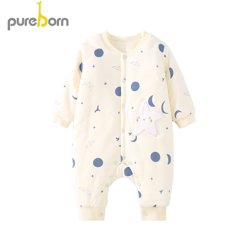 Pureborn новорожденный младенец унисекс Детский комбинезон восхитительный мультфильм стеганый хлопок подкладка мальчики девочки комбинезоны зимняя Рождественская одежда - Цвет: beige star