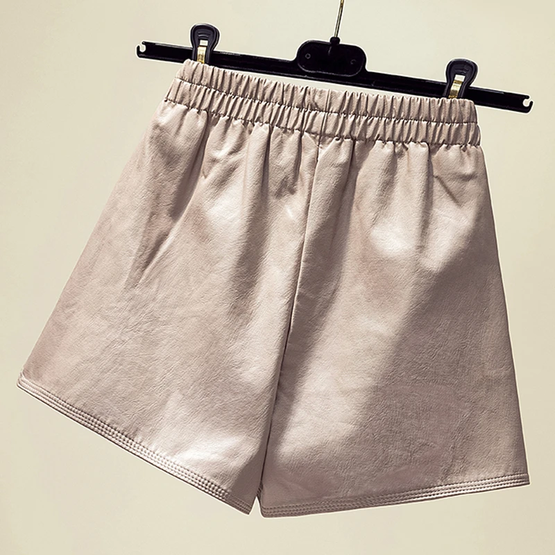 

M-4XL Fashion PU Leather Shorts Women's Autumn Winter Elastic Waist Casual Loose Wide Leg Leather Trousers Plus Size Shorts