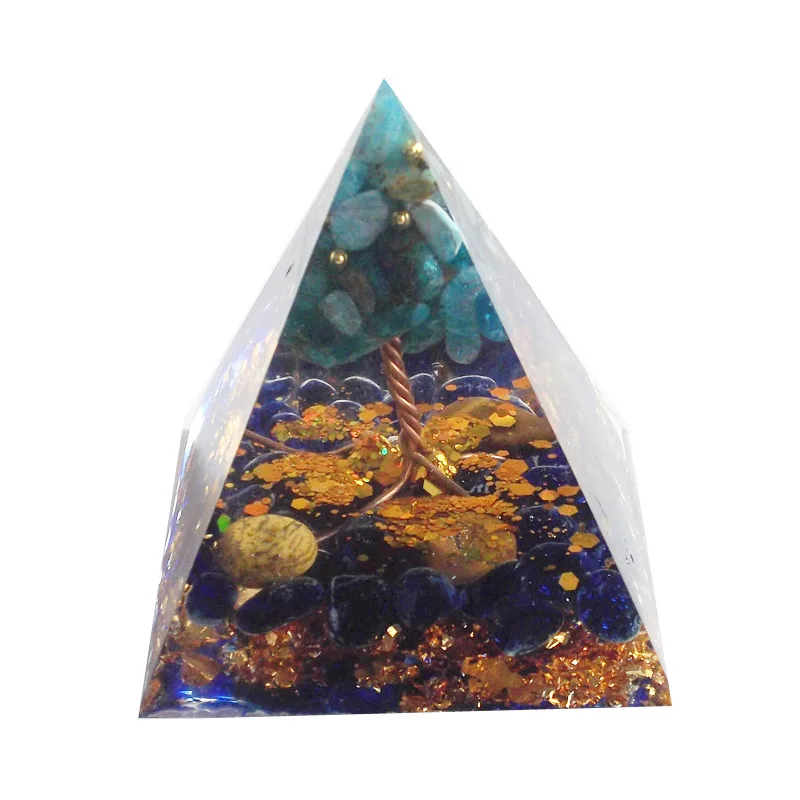 

Healing Chakra Stone Orgonite Pyramid Energy Generator with Copper Wire Wrap Crystal Tree for Reiki Yoga Meditation