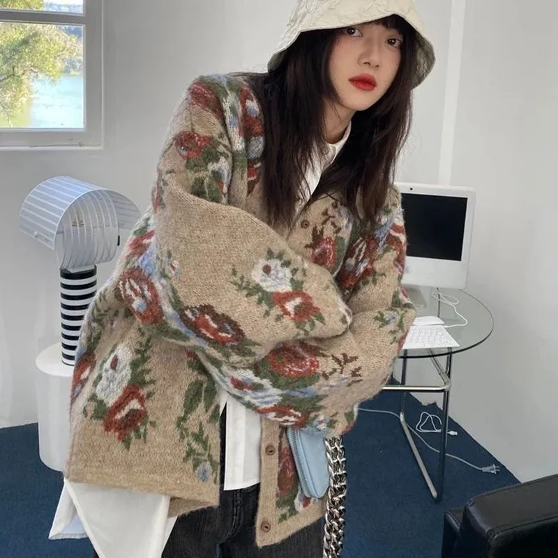 

Women's Autumn Coat Vintage Cardigan For Women Korean Fashion Cardigan Women's Sweater Floral Long Sleeve Top Casual Blouse