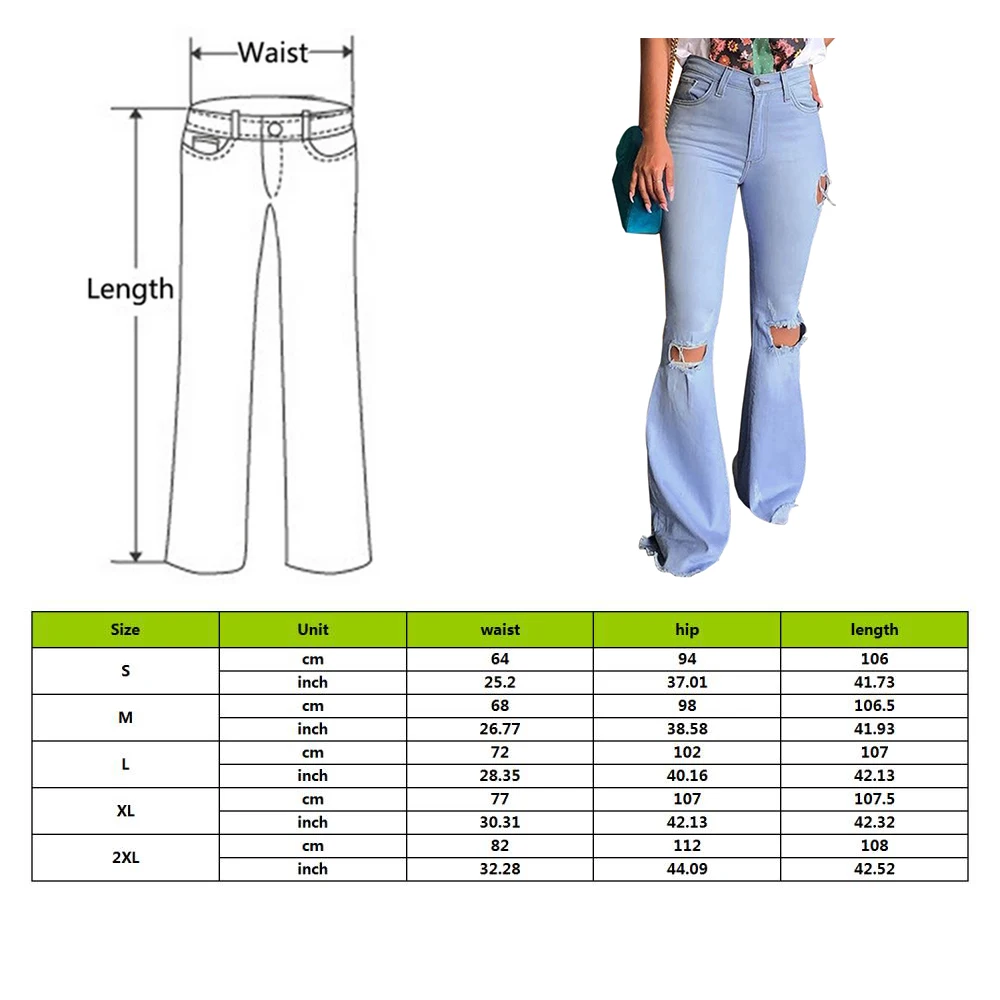 

Sexy Vintage Hole Ripped Jeans Women Wide Leg Denim Flare Slim Pants High Waist Party Casual Trousers Bodycon Bell Bottoms Pant