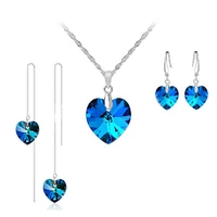 top sale jewely sets blue austrian crystal pure genuine 925 sterling silver ocean sea heart necklace earring ear thread