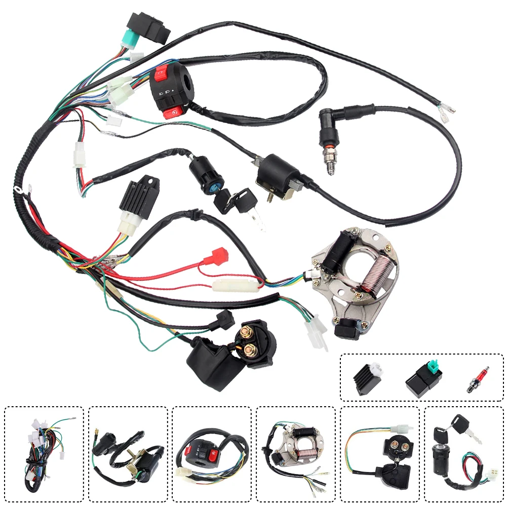 

New Complete Electrics Wiring Harness Stator Coil CDI Solenoid Relay Spark Plug For 4 Wheelers Stroke ATV Pit Quad Dirt Bike