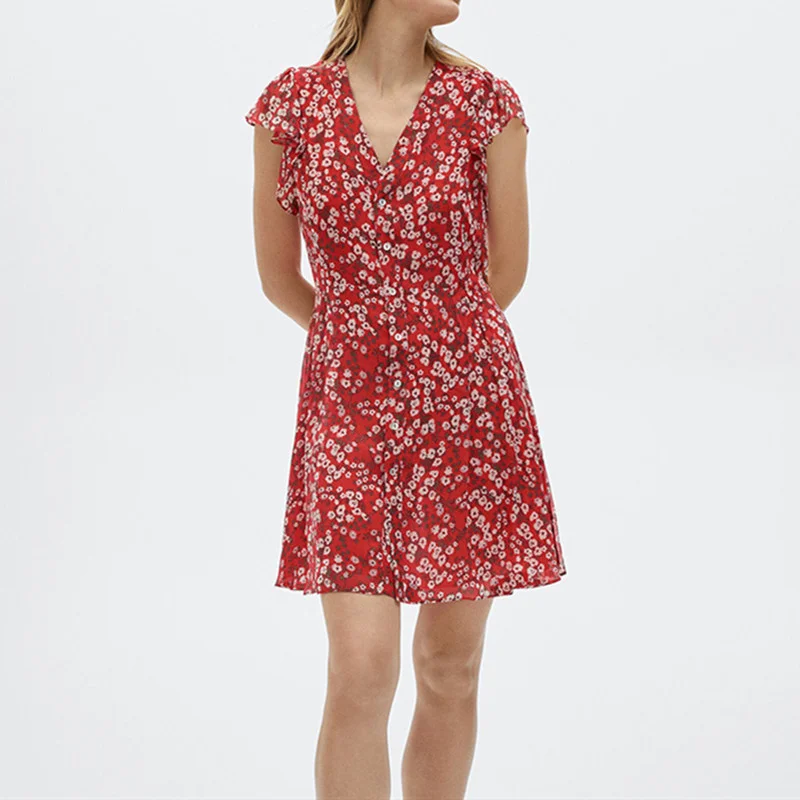 

2021 New Summer Women V-Neck Floral Mini Dress Lady Ruffles Trim Sleeve Single-Breasted Short Dresses Waist Lace-Up Robe