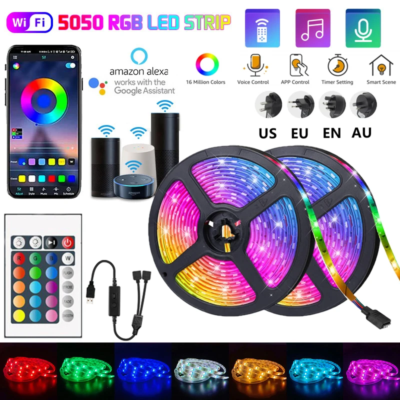

Светодиодные ленсветильник RGB 2835/5050 SMD RGB лампа лента для Alexa Music Гибкая DC TV лента Водонепроницаемая WIFI контроллер + адаптер для приложения