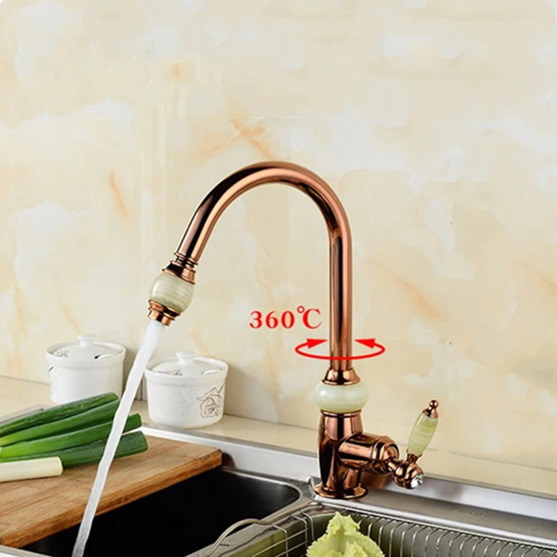 Кухонный кран LIUYUE выдвижной круглый смеситель из розовой латуни с нефритовой