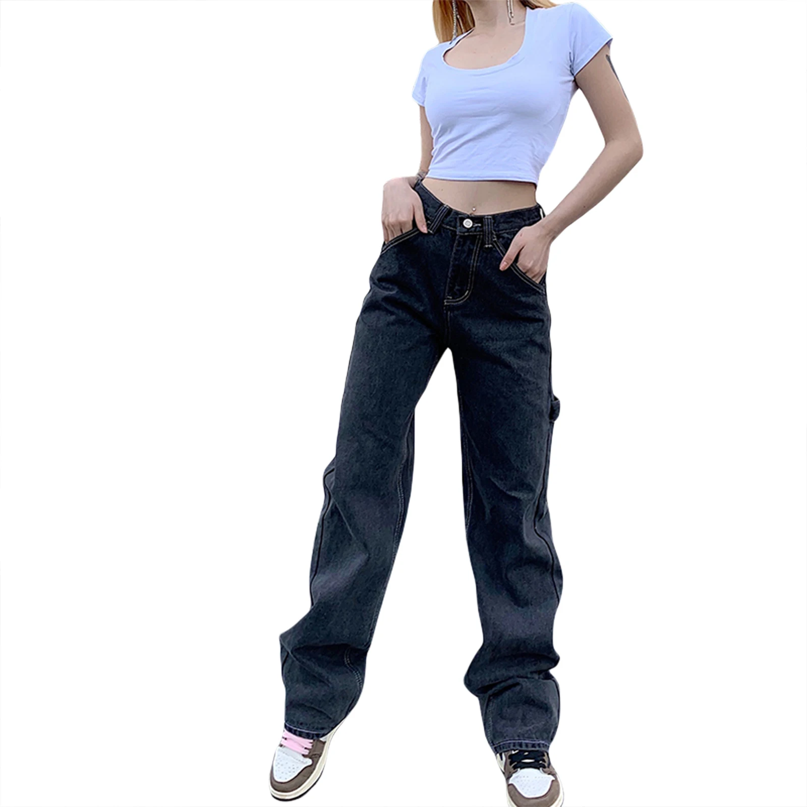 

Женские прямые джинсы в Корейском стиле, однотонные джинсовые брюки составного кроя с высокой талией и карманами, новинка 2021