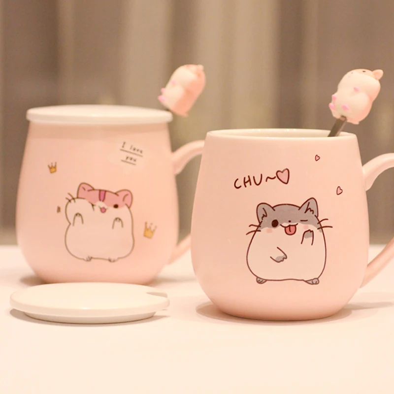 

Kawaii оригинальные хомяк Кружки Кофейные чашки с крышкой Ложка керамический завтрак молоко мультфильм чай Boba Питьевая чашка подарок для дево...
