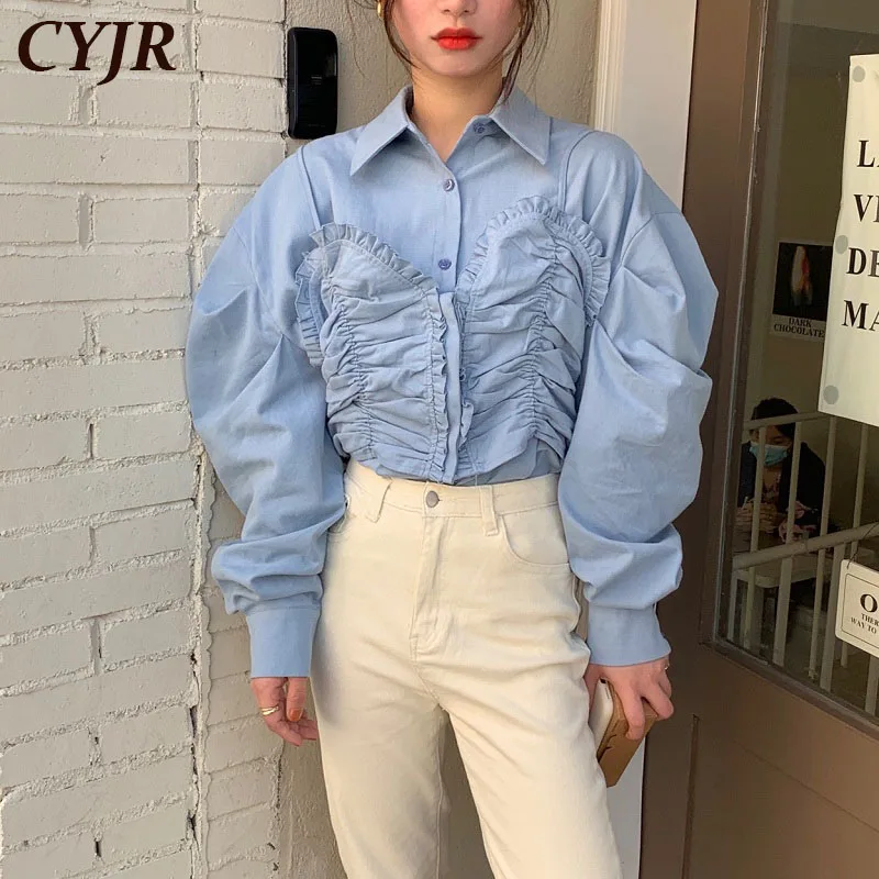 

2021 Solid Retro Fashion Women Chic Shirt Pleated Korean Vintage Hot Loose High Quality All Match Casual Top Blouses