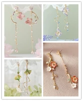 fresh cherry branch japanese style and wind dream purple asymmetric earrings sweet pink ginkgo flower ins wind earrings earrings