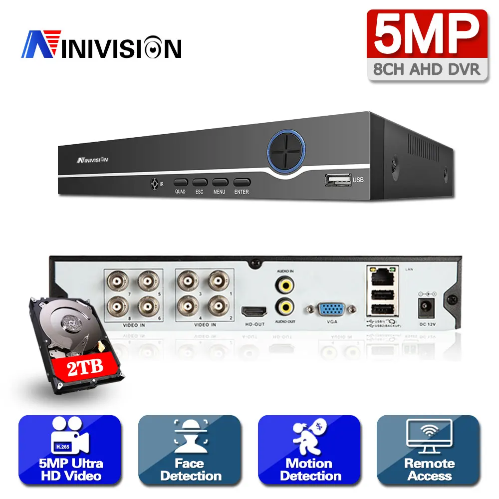 

Цифровой видеорегистратор NINIVISION, 8 каналов, 5 Мп, 6 в 1, AHD, 2560*1920P, Super HD, DVR, USB, 3G, Wi-Fi, обнаружение движения, H265, облако P2P, XMeye