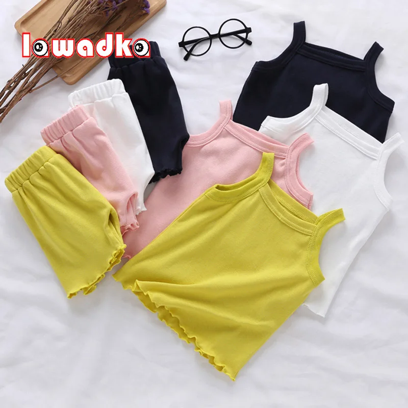 

Lawadka Baby Girls Clothes Sets New Summer Sleeveless Tops+Shorts 2Pcs Outfit Suit Fashion Solid Vest Child Pajama Clothing 2021