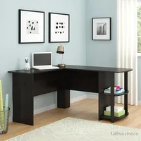 L-Shaped Wood Right-Angle Computer Desk With Two-Layer Bookshelves High Quality Household Bookroom Save Space Dark Brown
