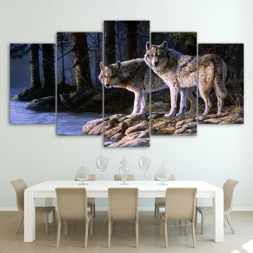 

wolf canvas 5 piece HD Printed wolves canvas 5 piece canvas art two wolves painting Free shipping/ny-4305