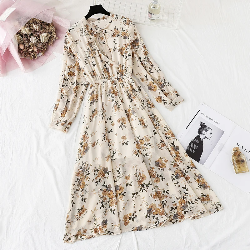 

2020 New Floral Long Sleeve Dress Female Korean Black Shirt Vestidos Office Printing Vintage Autumn Dresses Women Winter Dress