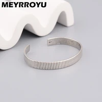 meyrroyu silver color vertical stripes round simple bangle for women fashion unique pattern design open hand jewelry gift 2022