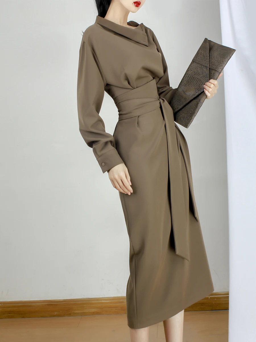 Платье-Карандаш женское с завышенной талией длинным рукавом и поясом на молнии |