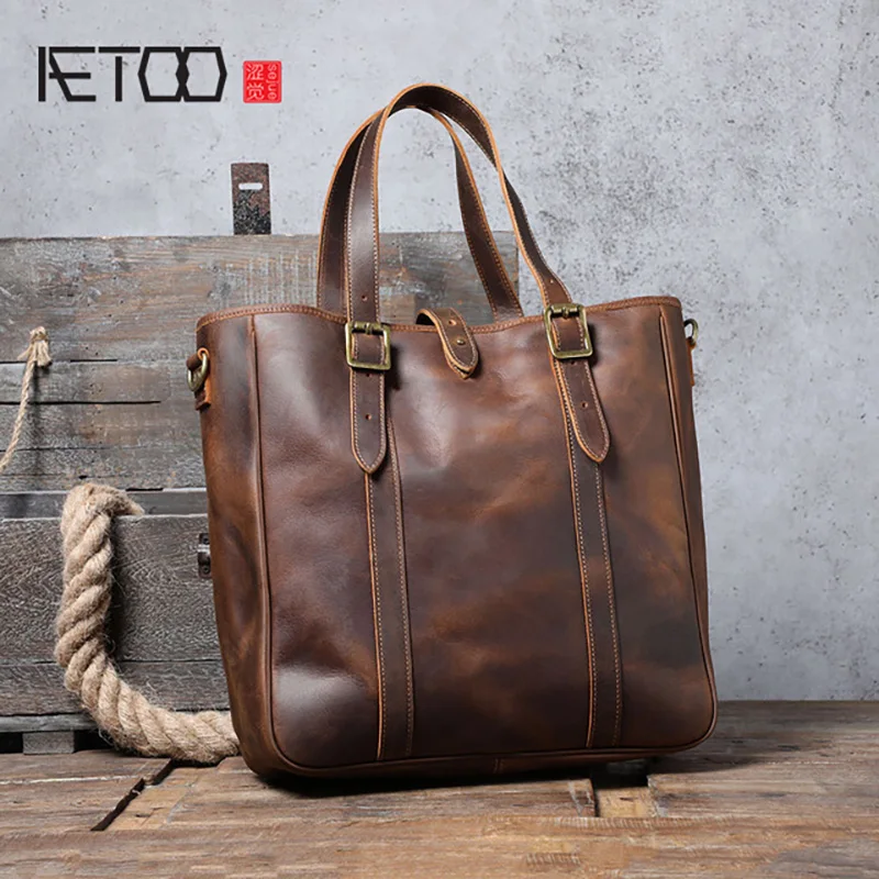 AETOO Classic retro first layer cowhand handbag, male leather one shoulder bag, crazy horse leather retro crossbody bag