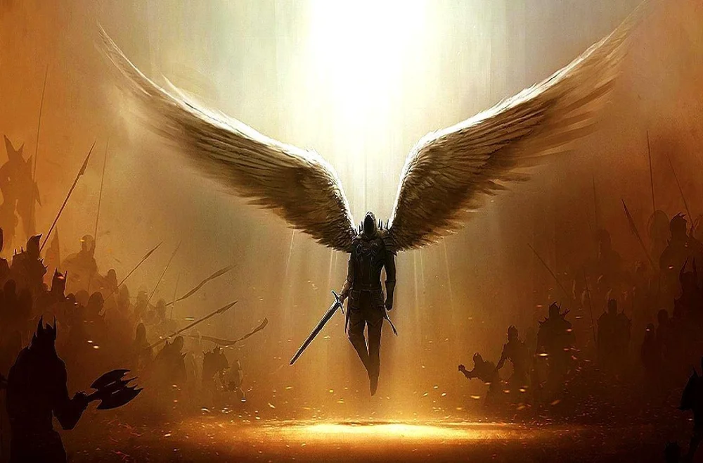 Плакат с белыми крылатыми ангелами в окружении Орд демонов художественный