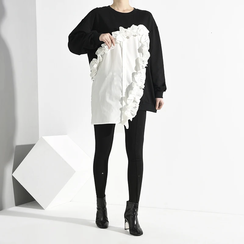 LANMREM 2021 Новая модная женская Лоскутная Толстовка с длинным рукавом и оборками