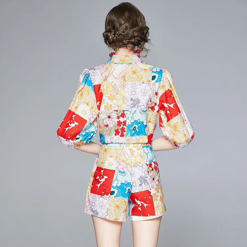 

2021 Summer Fashion Runway Suit Women Elegant Designer Vintage Print Top and Shorts Set 2 Piece Holiday Beach Outfits