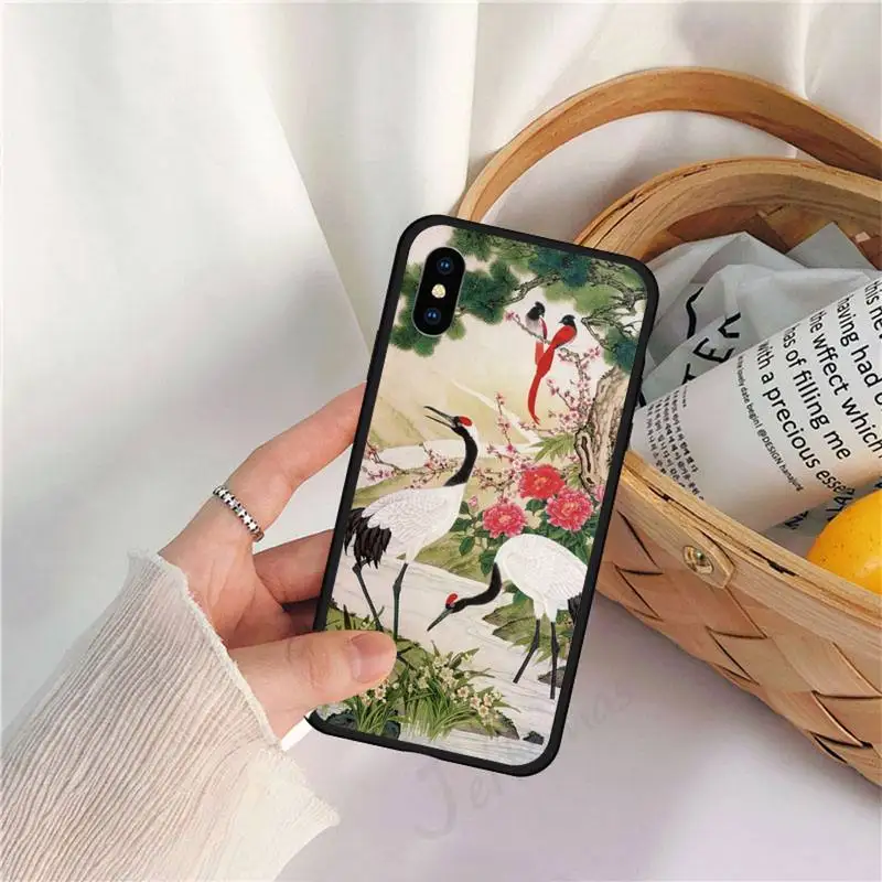 

Retro art animal Bird Crane pattern Phone Case for iPhone 11 12 mini pro XS MAX 8 7 6 6S Plus X 5S SE 2020 XR