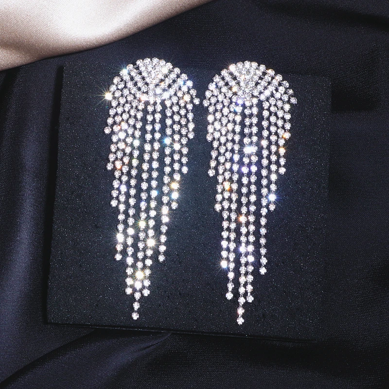 Trendy Crystal Tassel Drop Earrings For Woman Luxury Rhinestone Long Wedding Dangle Earring Female Bohemia Jewelry 2019 New | Украшения и