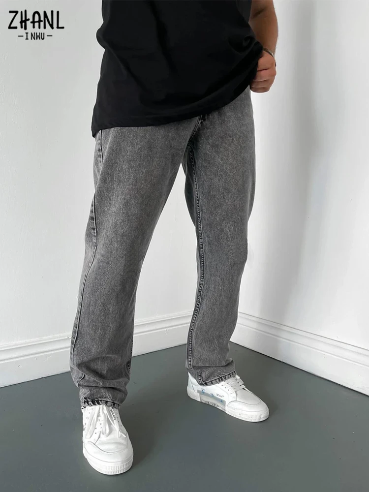 

Джинсы мужские прямые, модные повседневные Простые штаны без потертостей, уличная одежда, свободные прямые джинсовые брюки в стиле хип-хоп, ...