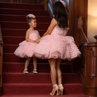 mother and daughter cupcake pink flower girl dresses for weddings jewel neck tiered ruffles short girls pageant gowns
