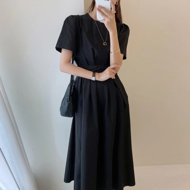 

Korean Ins Summer Fresh French Elegance Vertical Pleated Lace-up Waist-Controlled Slimming Mid-Length Fairy Dress