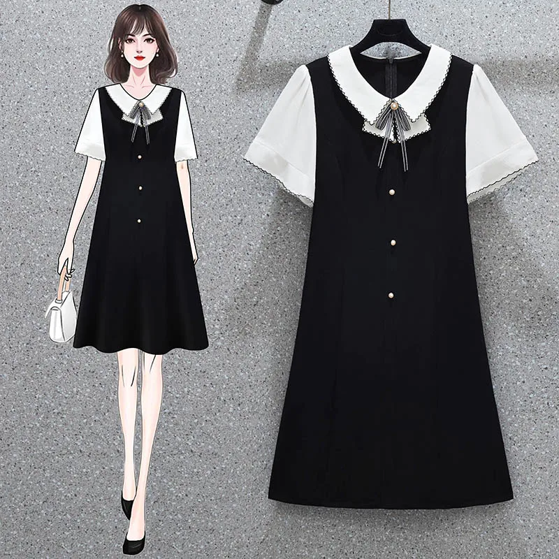 

5XL Plus Size Women Black Casual Dress Summer 2021 Cute Bow Peter Pan Collar Short Sleeve Patchwork Pearl Buttons A-Line Dresses