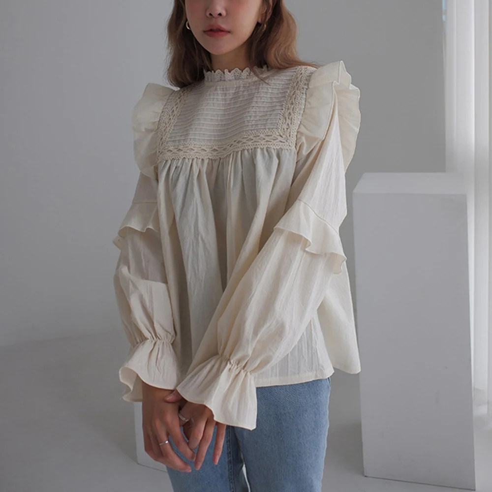 

2021 Autumn Women Shirt New Sweet Lady Puff Sleeve Solid Color Blouse Women's Pullover Stand Flared Sleeves Long-sleeved Blouse