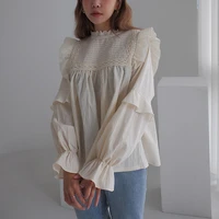 2021 autumn women shirt new sweet lady puff sleeve solid color blouse womens pullover stand flared sleeves long sleeved blouse