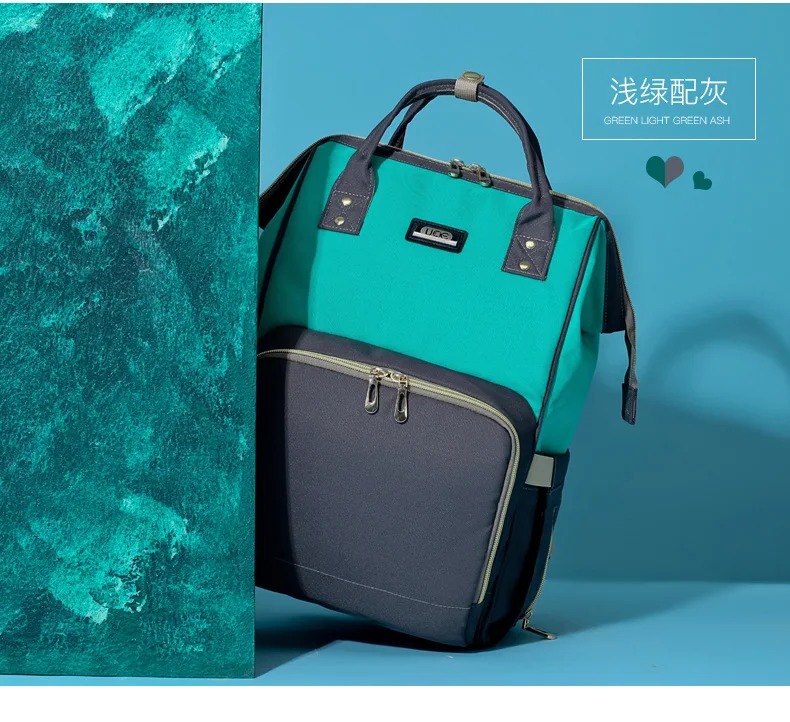2019Fashion Mummy Maternal Diaper Bag Upgrade New Style Diaper Bag Multi-functional Large Capacity Shoulder Diaper Bag Mommy Bag - Color: Green Gray