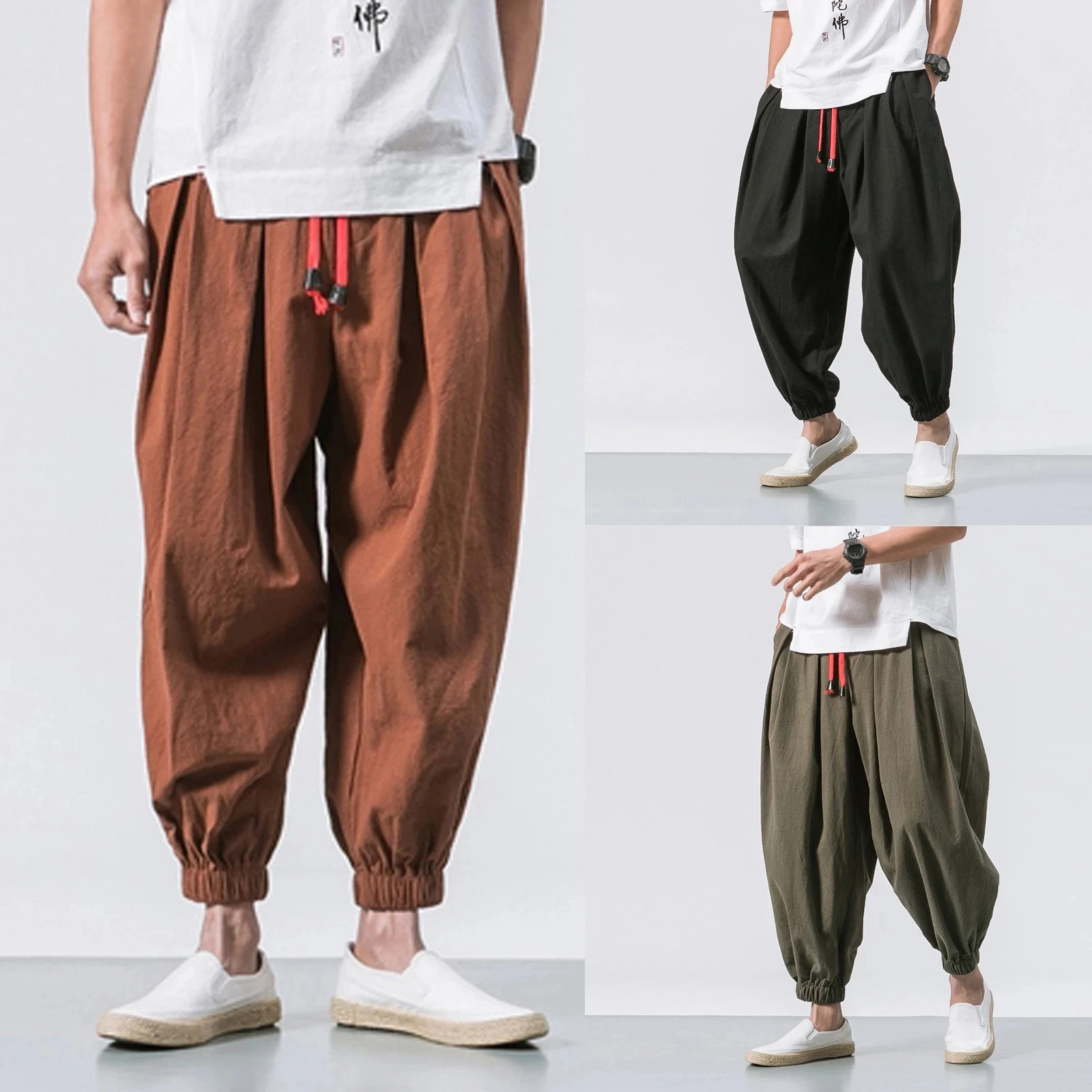 

Men's Fashion Casual Loose Solid Color Harem Pants Wide Leg Elasticated Pants Casual Cotton Linen Trouser Man Jogger Pants