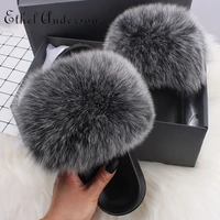 luxury fur slippers women real fox fur slides furry female summer slippers shoes woman sandals flat