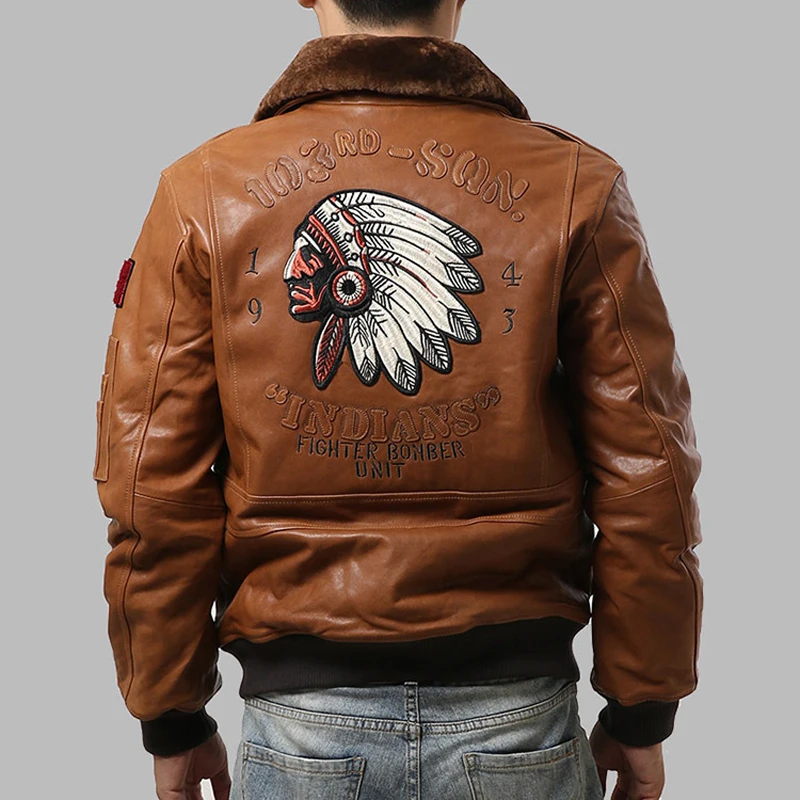 

Air Force Mens Sheepskin Leather Jacket Oversized 3D Indian Head Winter Wool Fur Collar Genuine Leather Jacket Coat For Man 2020