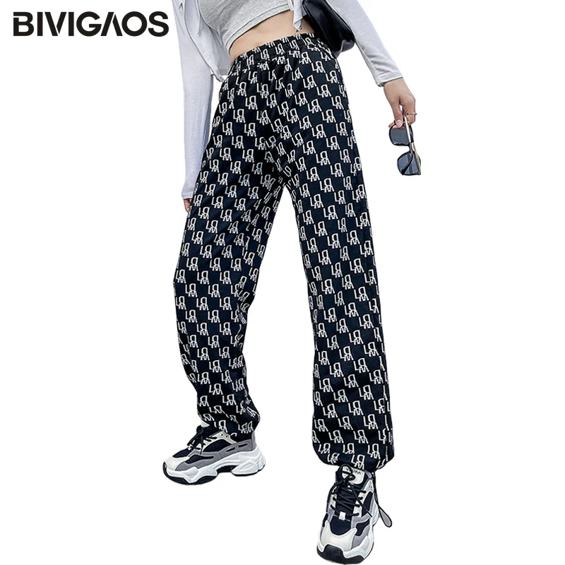 

BIVIGAOS Women Tide Casual Pants Drawstring Hem High Waist Straight Drape Pants Letter Printing Wide Leg Pants Sweatpants