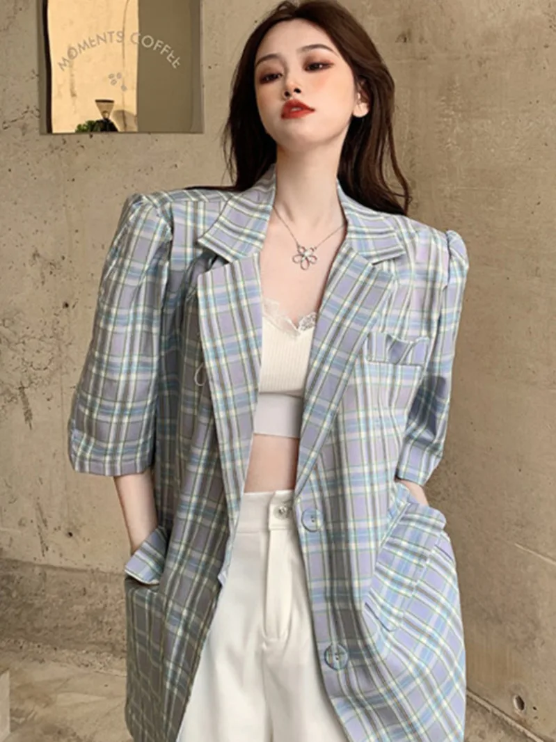 

Casual Office Lady Two-piece Suit 2021 Loose Mid-length Plaid Short-sleeved Suit Suit Fashion All-match White Female Shorts Suit