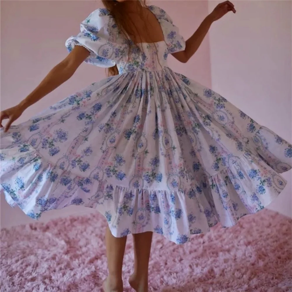 

Women Blue Floral Vintage Ruffles Za 2021 Short Puff Sleeve Square Collar Party Dress Summer Fashion Elegant Vestidos Midi Dress