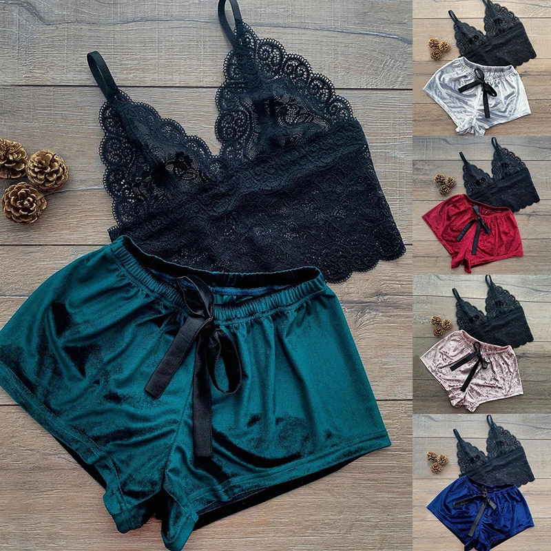 

Пижама женская кружевная на тонких бретелях, без рукавов, с V-образным вырезом