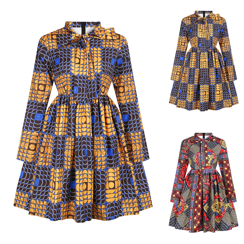 

Womens Long Sleeve Print Africa Skater Dress Ladies Holiday Casual Party Dresses