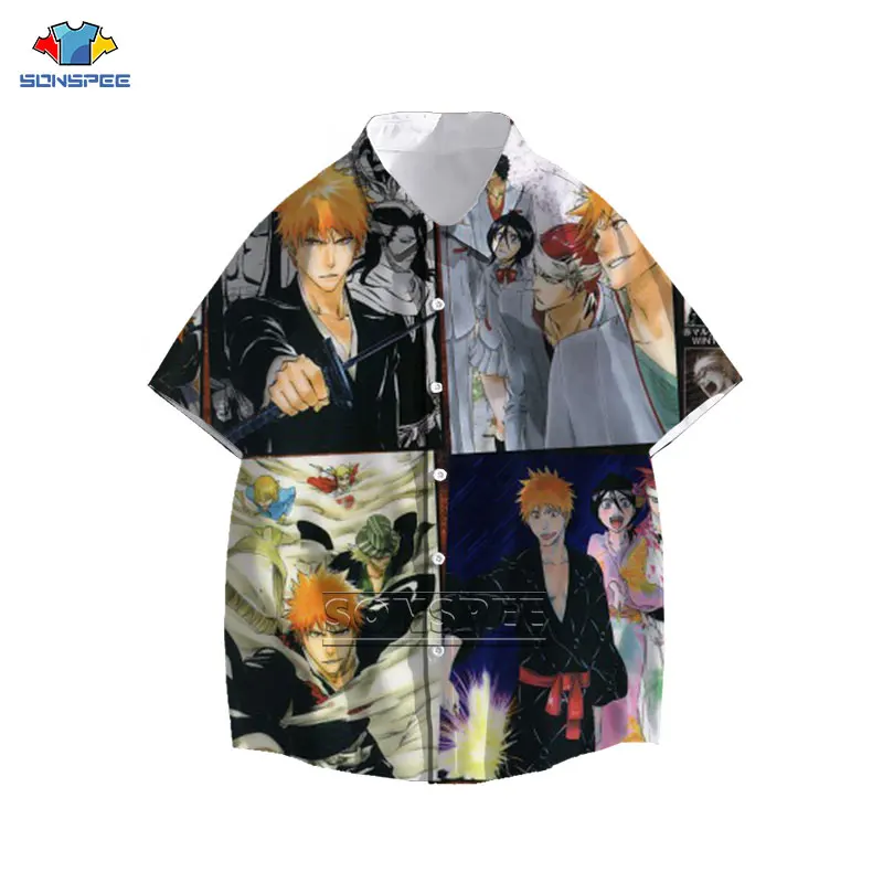 

SONSPEE New Bleach Kurosaki ichigo Shirts Popular Funny Hawaiian Shirt 3D Print Summer Casual Beach Fashion Blouse Short Sleeve