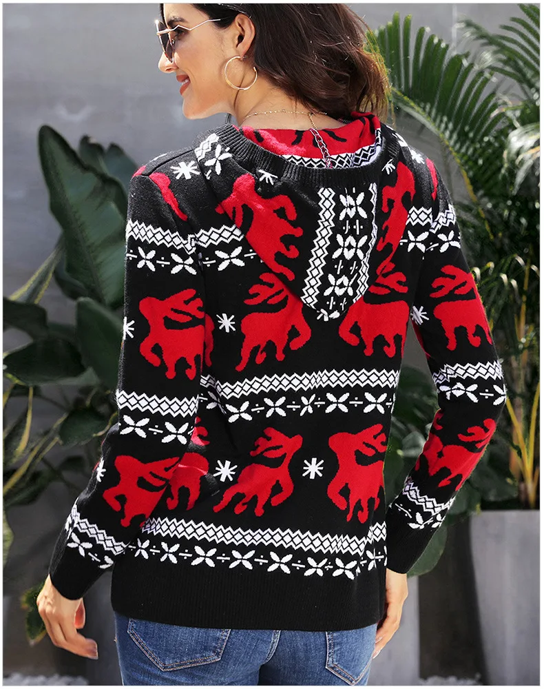 Женский свитер с капюшоном вязаный пуловер оленями цвет белый зеленый черный